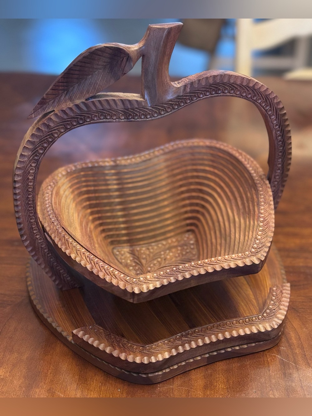 Vintage Hand Carved Apple Wooden Collapsible Fruit Basket